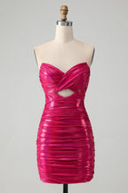 Vestido de fiesta elegante, ajustado, fucsia, plisado, sin tirantes y con abertura en la cerradura