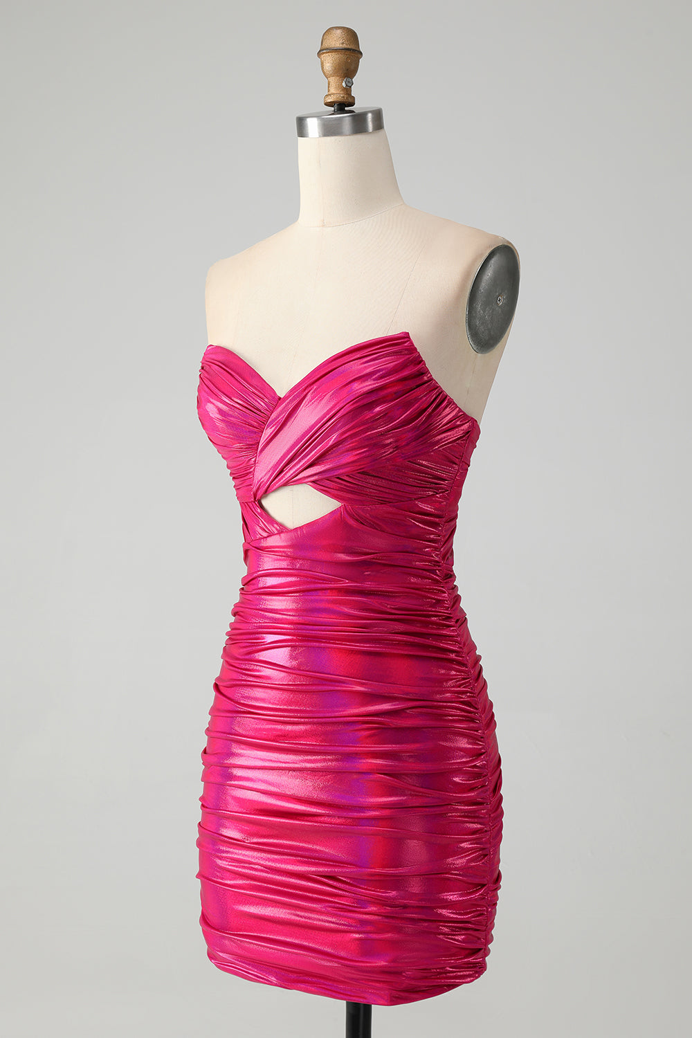 Vestido de fiesta elegante, ajustado, fucsia, plisado, sin tirantes y con abertura en la cerradura