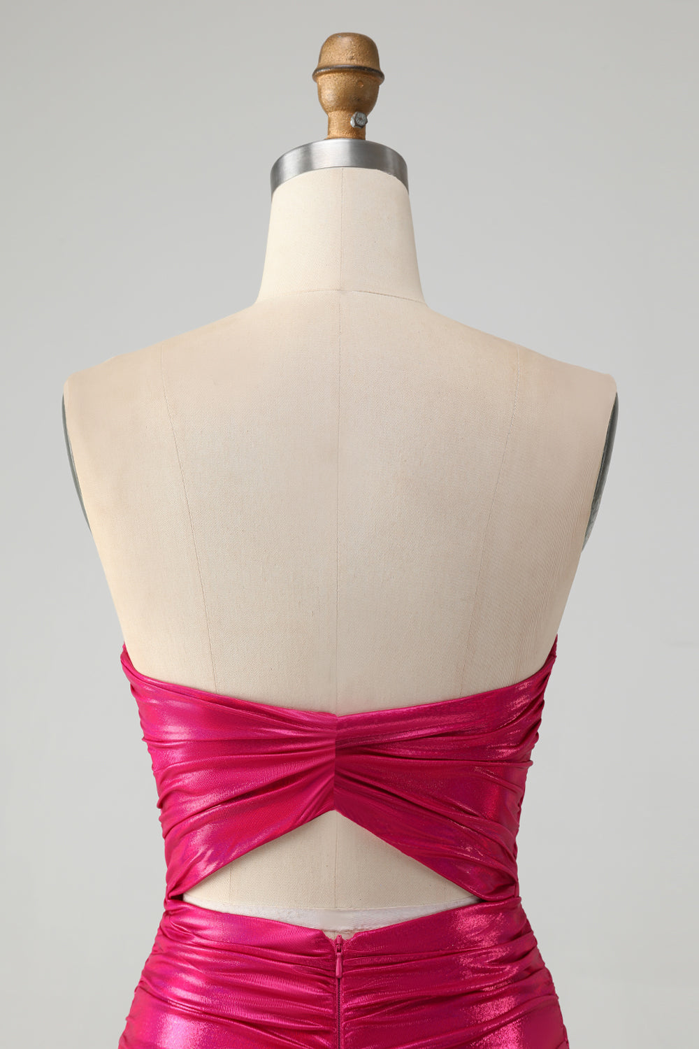 Vestido de fiesta elegante, ajustado, fucsia, plisado, sin tirantes y con abertura en la cerradura