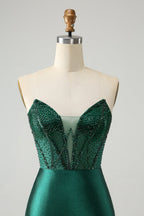 Vestido de fiesta corto, elegante, brillante, azul real, ajustado, sin tirantes, con cuentas
