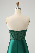 Vestido de fiesta corto, elegante, brillante, azul real, ajustado, sin tirantes, con cuentas