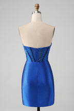 Vestido de fiesta corto, elegante, brillante, azul real, ajustado, sin tirantes, con cuentas