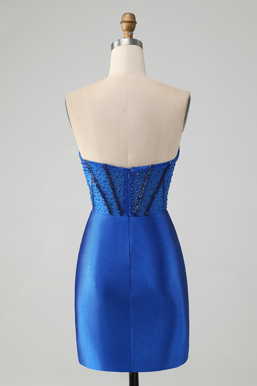 Vestido de fiesta corto, elegante, brillante, azul real, ajustado, sin tirantes, con cuentas