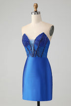 Vestido de fiesta corto, elegante, brillante, azul real, ajustado, sin tirantes, con cuentas