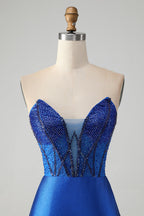 Vestido de fiesta corto, elegante, brillante, azul real, ajustado, sin tirantes, con cuentas