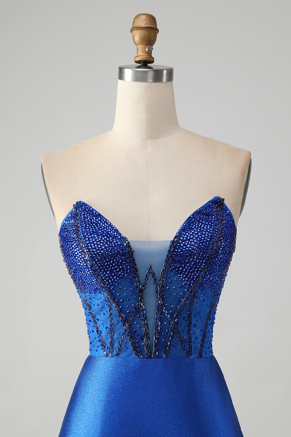 Vestido de fiesta corto, elegante, brillante, azul real, ajustado, sin tirantes, con cuentas