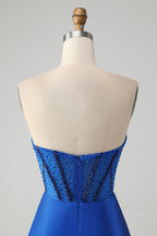 Vestido de fiesta corto, elegante, brillante, azul real, ajustado, sin tirantes, con cuentas