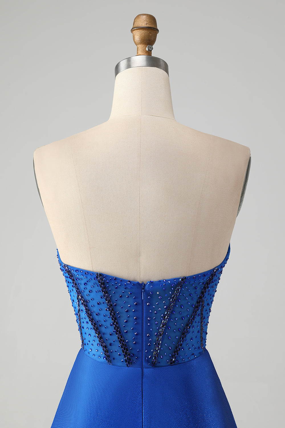 Vestido de fiesta corto, elegante, brillante, azul real, ajustado, sin tirantes, con cuentas