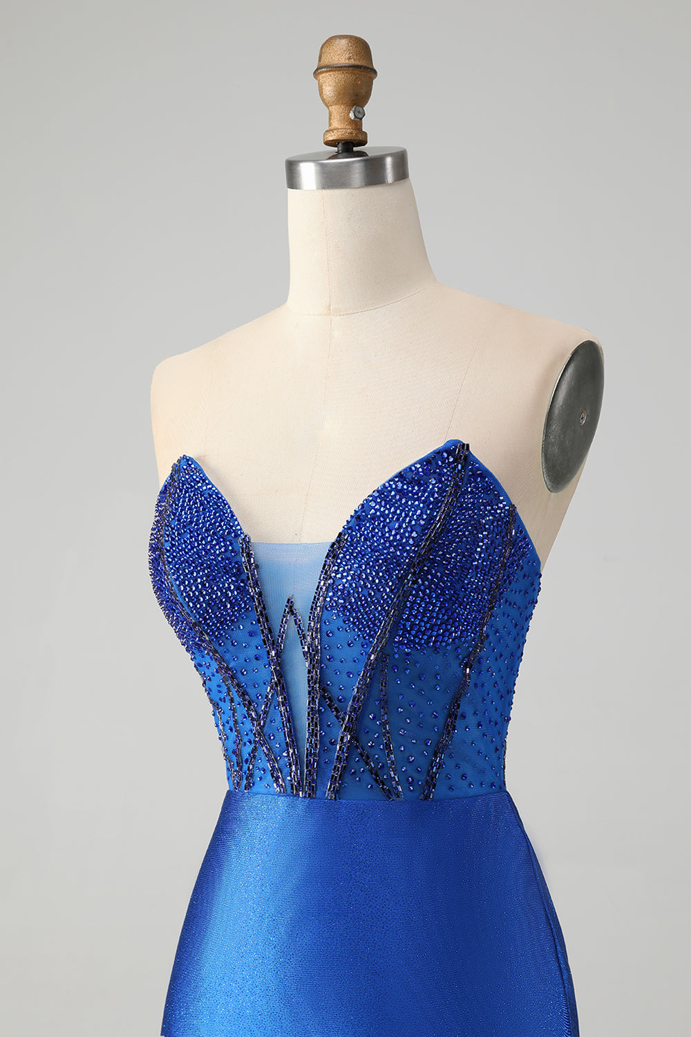 Vestido de fiesta corto, elegante, brillante, azul real, ajustado, sin tirantes, con cuentas