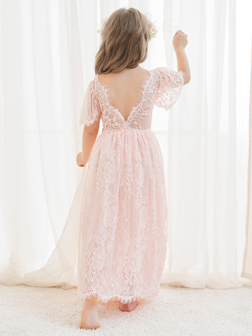 A-Linien-Spitze Knöchellanges Elfenbein Boho Blumenmädchenkleid 