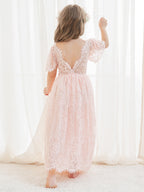 A-Linien-Spitze Knöchellanges Elfenbein Boho Blumenmädchenkleid 
