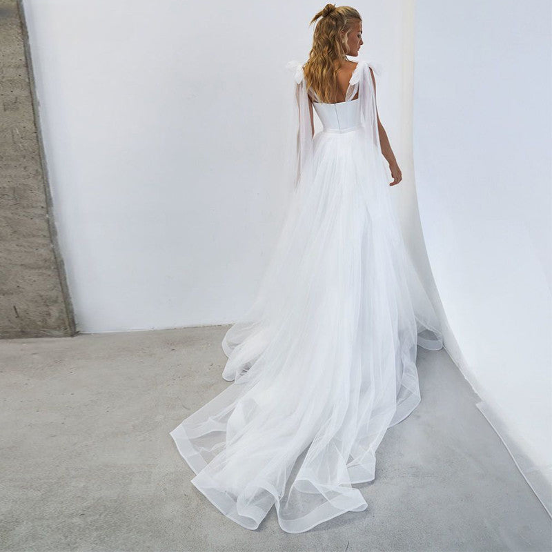 Simple White Tulle Wedding Dresses Boho Bow Spaghetti Straps A-Line Beach Wedding Party Gowns Abito Da Sposa 2021-payinti