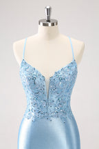 Blue Bodycon Lace Up Back Sequin Short Homecoming Dress with Appliques