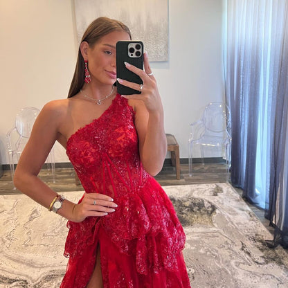 Livia |Sheath One Shoulder Tiered Lace Long Prom Dress
