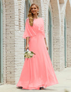 Vestido de dama de honor Sunnderly para mujer, de gasa, manga larga y cuello en V, vestido formal para boda o fiesta SY28018 