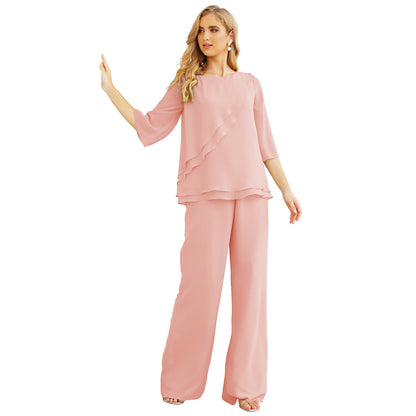 Sunnderly Chiffon Mother of The Bride Dress Plus Size Pant Suits Ruffle Layers