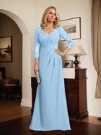 Vestido de madre de la novia de gasa con encaje, escote en V, ilusión, largo hasta el suelo, con lentejuelas plisadas