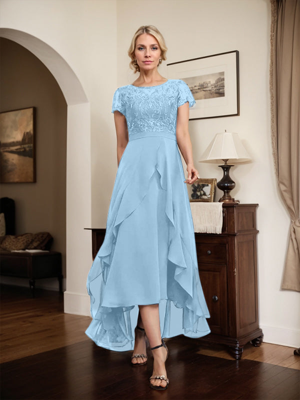 Vestido de madre de la novia de gasa asimétrica con escote en A, ilusión, encaje, lazo, volante y lentejuelas