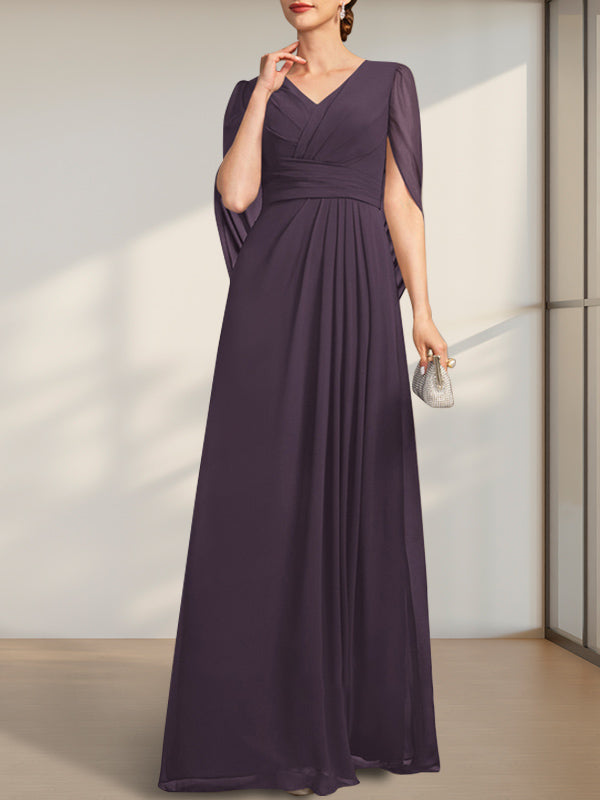 Vestido de gasa para madre de la novia con escote en V, largo hasta el suelo, con pliegues