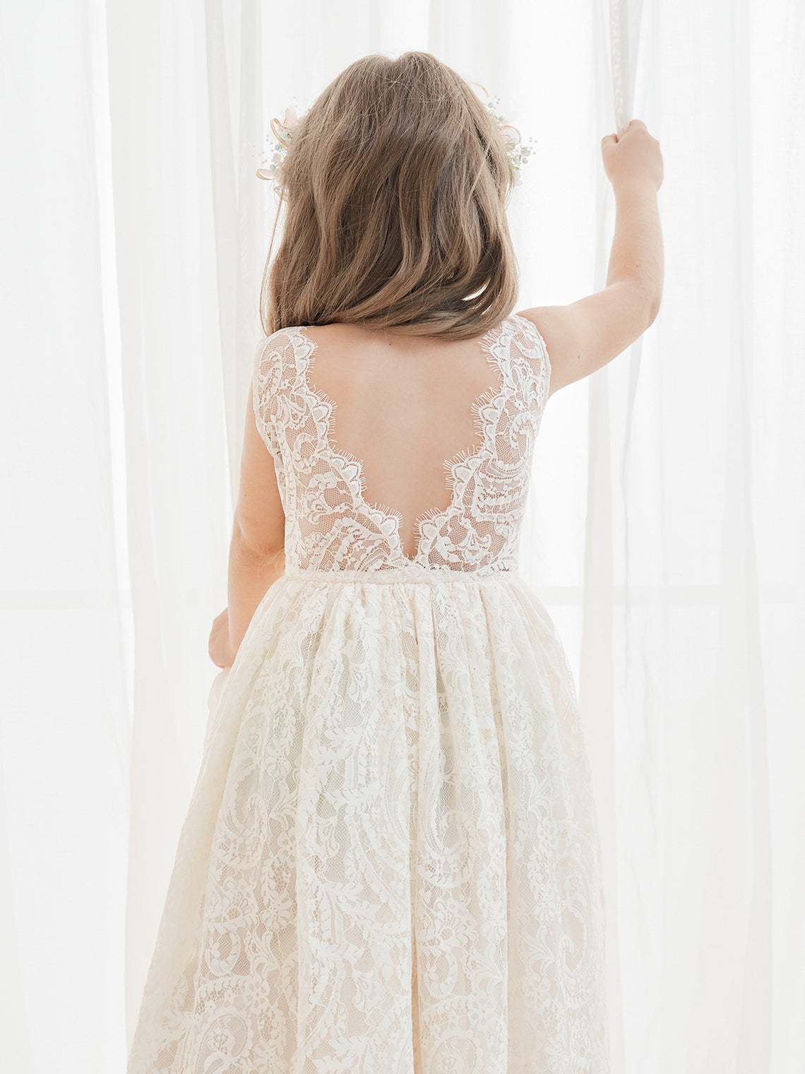 A-Linien-Spitze Knöchellanges Elfenbein Boho Blumenmädchenkleid 