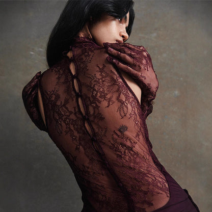 Lace Patchwork Deep V Ruched Prom Dress