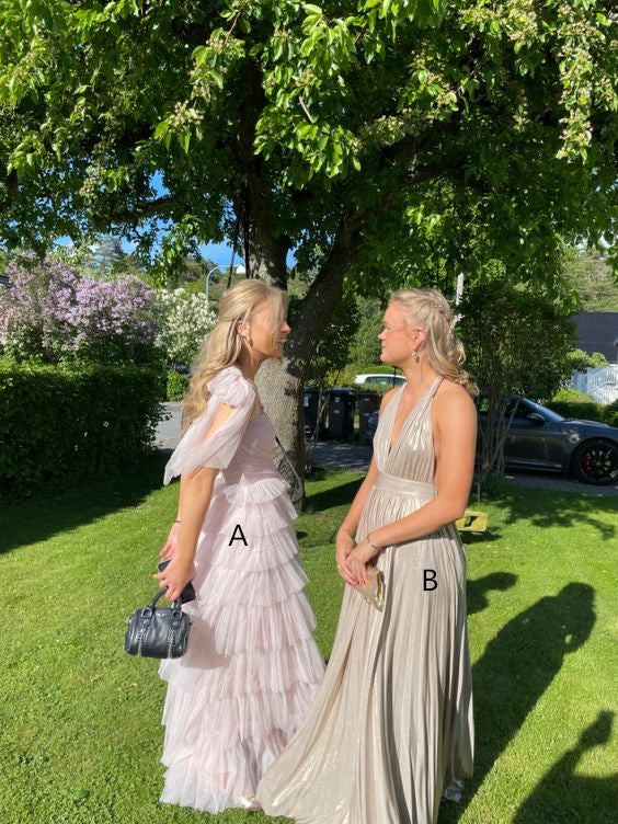 Verschiedene Arten von Abendkleidern Neckholder-Ballkleid Rosa A-Linie Tüll Lagen-Ballkleid Y288