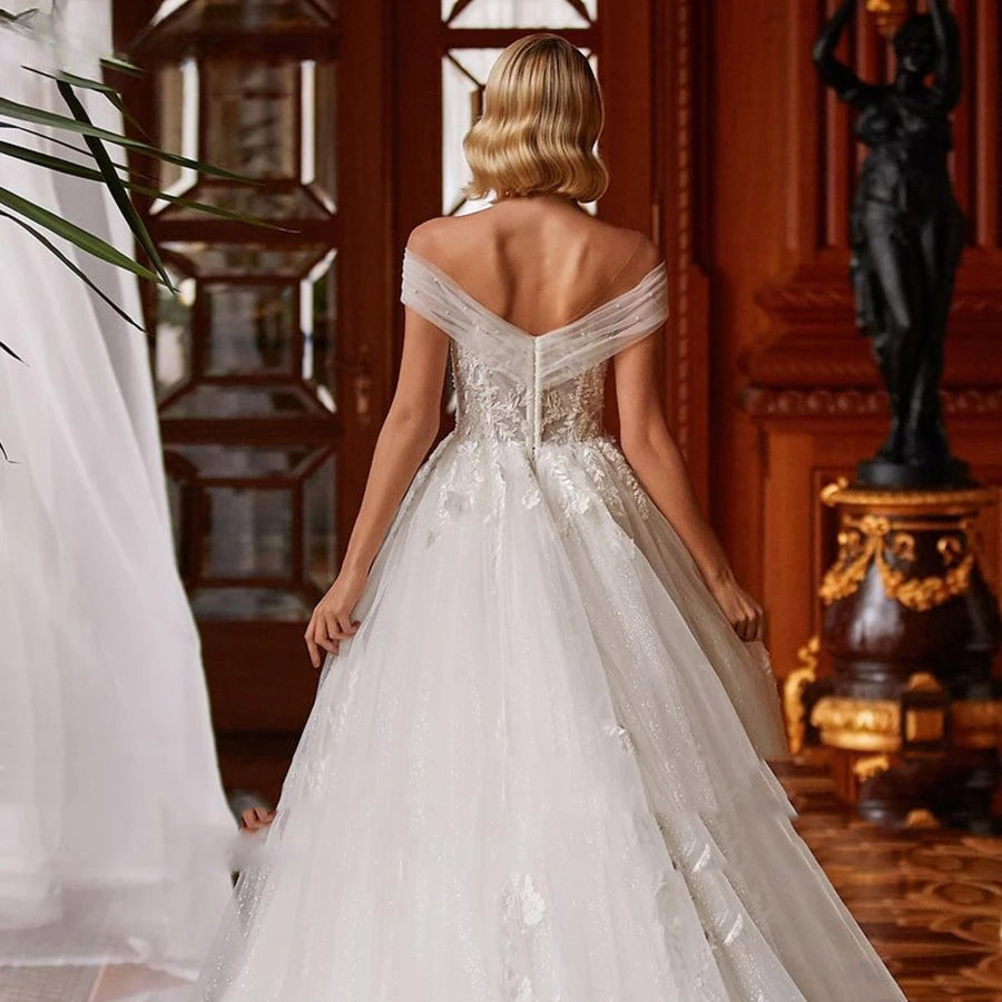V-neck Sexy Romantic Wedding Dress 2023 A-line Floor-length Charming Off The Shoulder Beaded Appliques Bridal-payinti