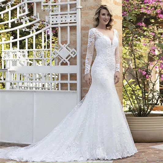 V Neck Wedding Dresses Mermaid Appliques Long Sleeves Bridal Dress Vestidos De Noiva Mariage Custom Made Vintage-payinti