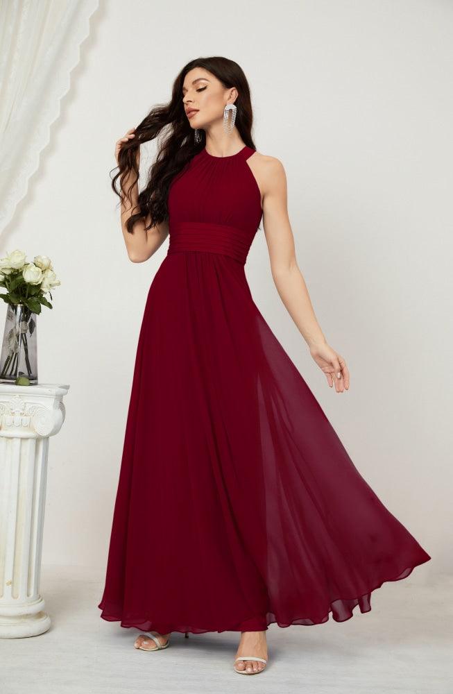 Vestido formal de fiesta Sunnderly de gasa con cuello halter, largo y sin mangas, para dama de honor SY2802 