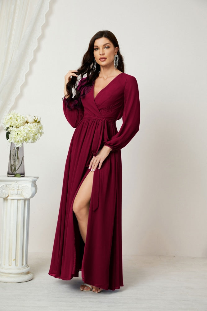 Vestidos de noche Sunnderly con escote en V profundo, gasa, para dama de honor, manga larga de obispo, abertura lateral, vestido formal SY2806 