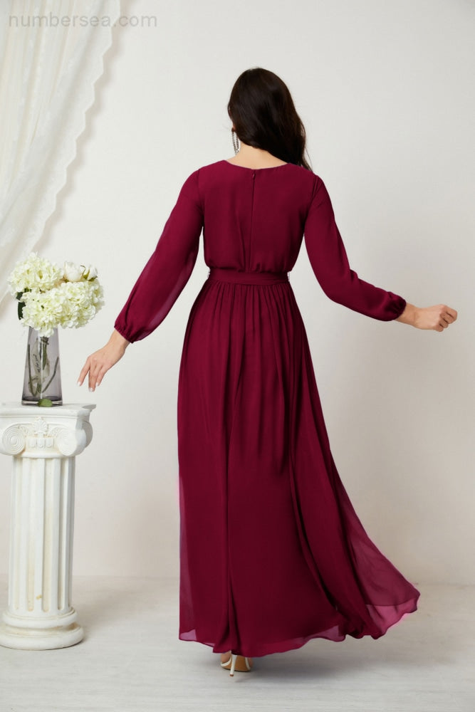 Vestidos de noche Sunnderly con escote en V profundo, gasa, para dama de honor, manga larga de obispo, abertura lateral, vestido formal SY2806 