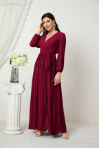 Vestidos de noche Sunnderly con escote en V profundo, gasa, para dama de honor, manga larga de obispo, abertura lateral, vestido formal SY2806 
