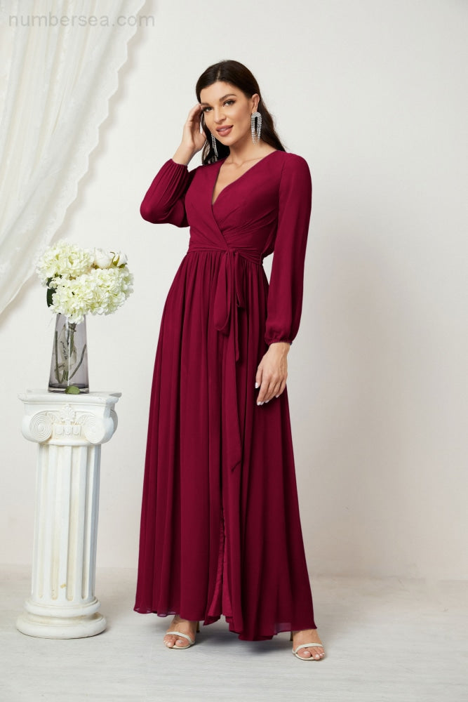 Vestidos de noche Sunnderly con escote en V profundo, gasa, para dama de honor, manga larga de obispo, abertura lateral, vestido formal SY2806 