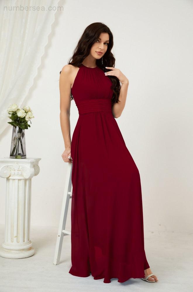 Vestido formal de fiesta Sunnderly de gasa con cuello halter, largo y sin mangas, para dama de honor SY2802 