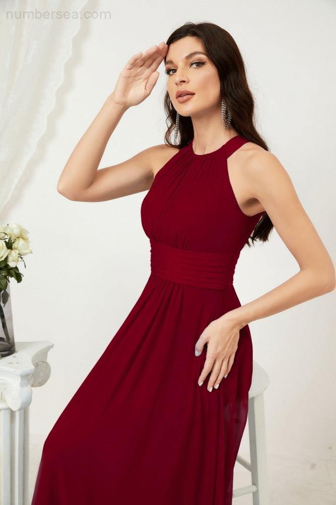 Vestido formal de fiesta Sunnderly de gasa con cuello halter, largo y sin mangas, para dama de honor SY2802 
