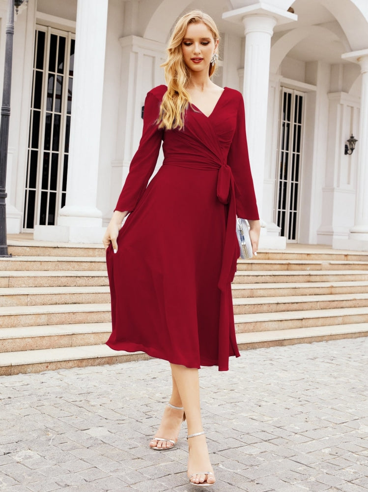 Vestido de dama de honor con escote en V y cinturón para madre de la novia, invitada de boda SY28031 