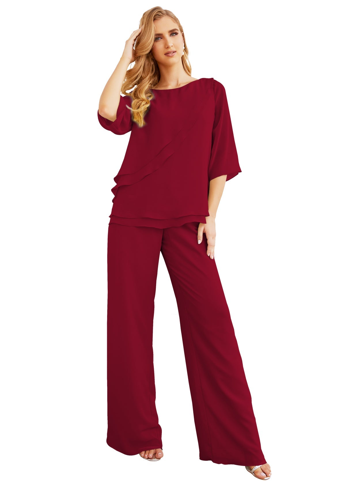 Elegante vestido de dos piezas para madre de la novia, talla grande, pantalón, capas con volantes, bata plateada SY28064 
