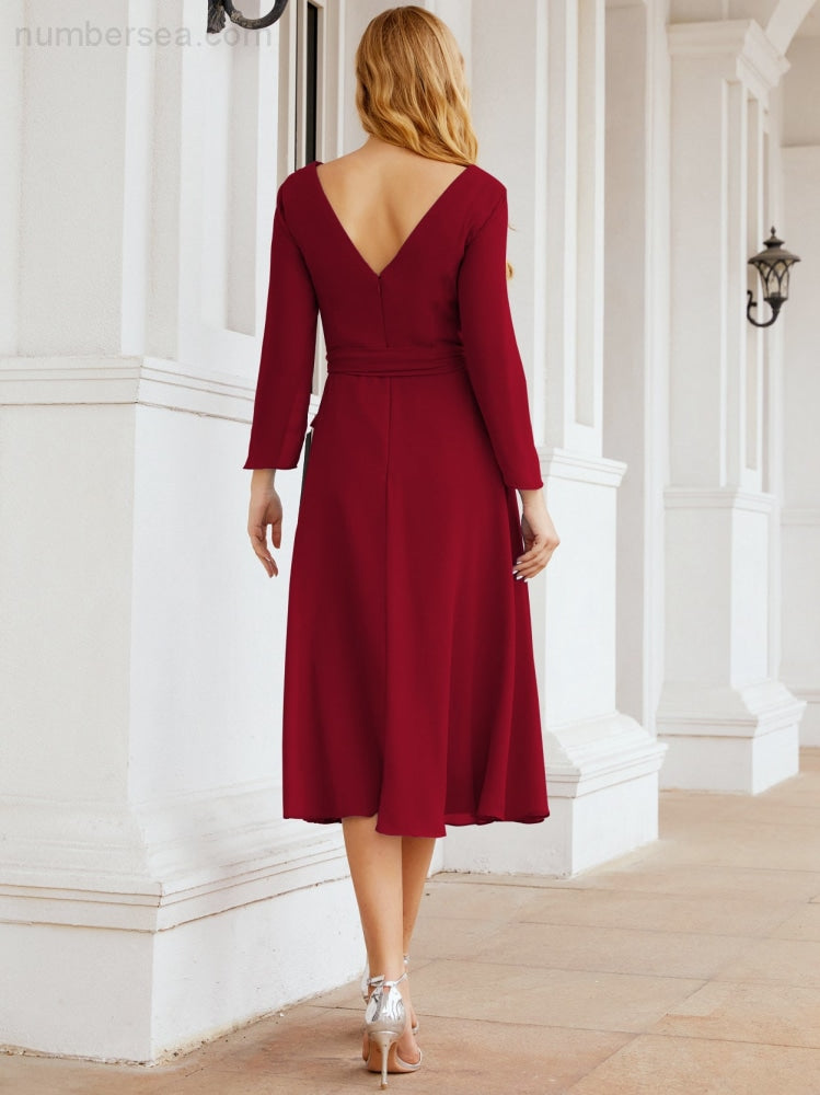 Vestido de dama de honor con escote en V y cinturón para madre de la novia, invitada de boda SY28031 