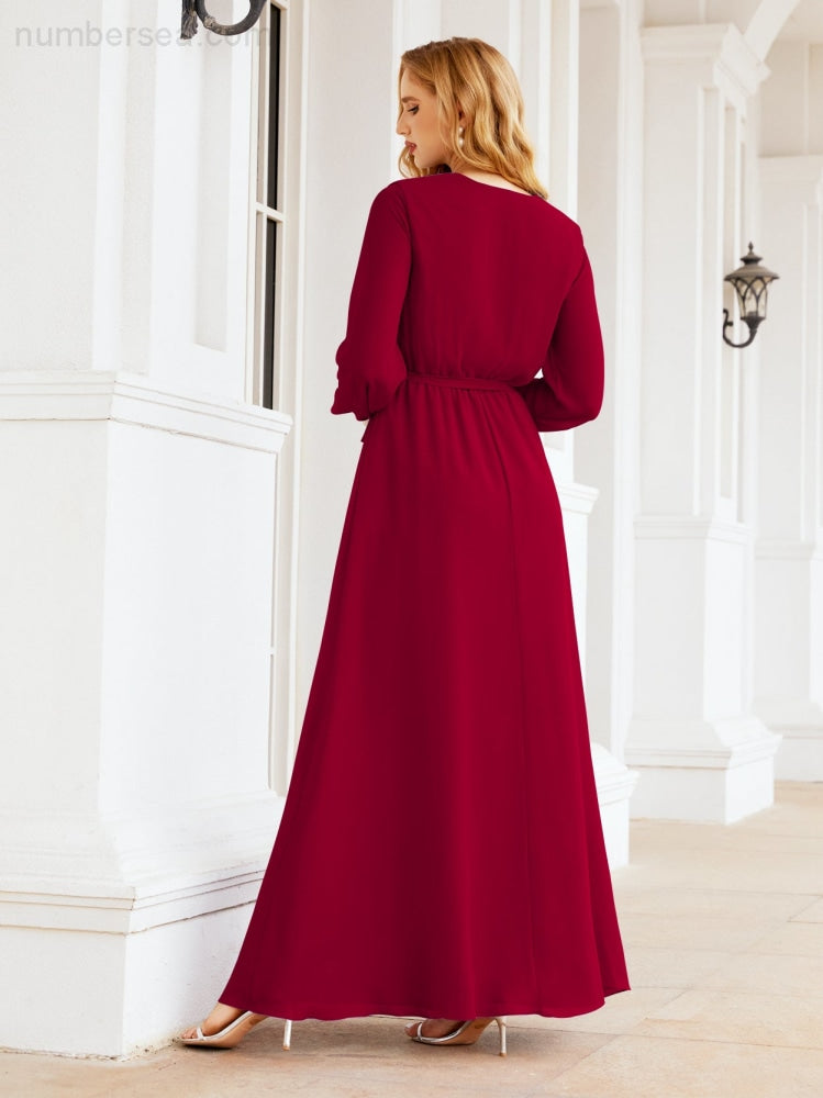 Sunnderly Women's Chiffon Bridesmaid Dress A line Long Sleeves Formal Evening Prom Gown for Wedding Guest SY28032