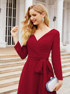 Vestido de dama de honor con escote en V y cinturón para madre de la novia, invitada de boda SY28031 