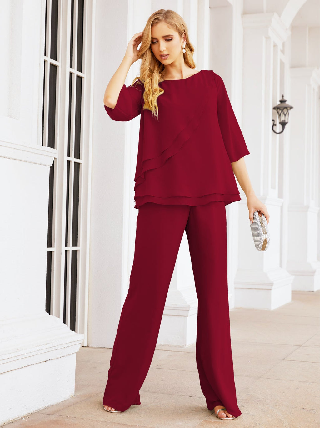 Elegante vestido de dos piezas para madre de la novia, talla grande, pantalón, capas con volantes, bata plateada SY28064 