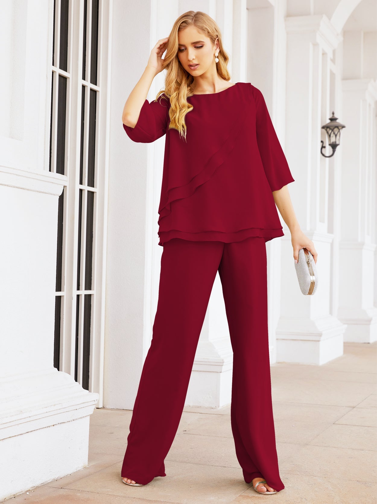 Elegante vestido de dos piezas para madre de la novia, talla grande, pantalón, capas con volantes, bata plateada SY28064 