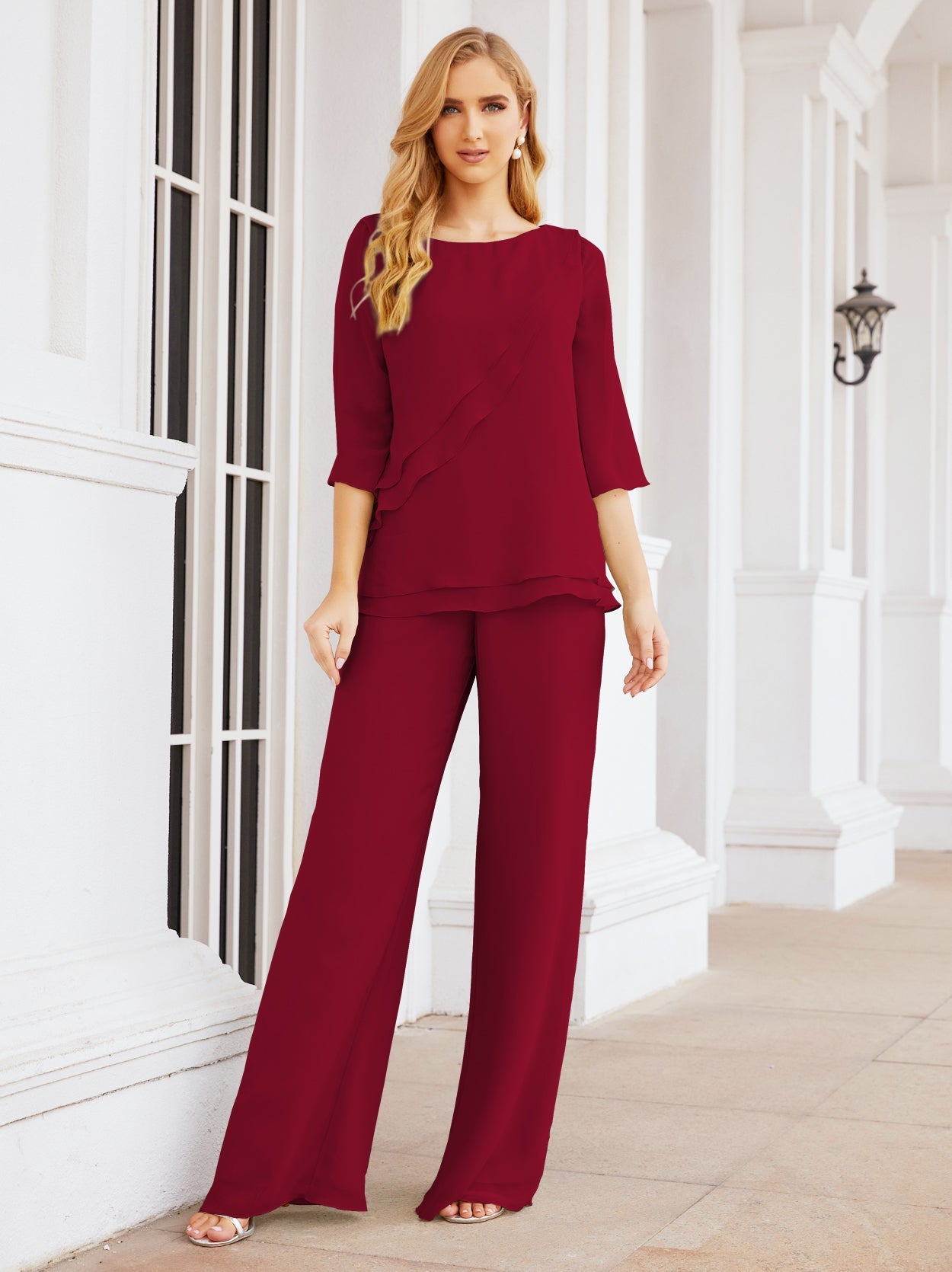 Elegante vestido de dos piezas para madre de la novia, talla grande, pantalón, capas con volantes, bata plateada SY28064 