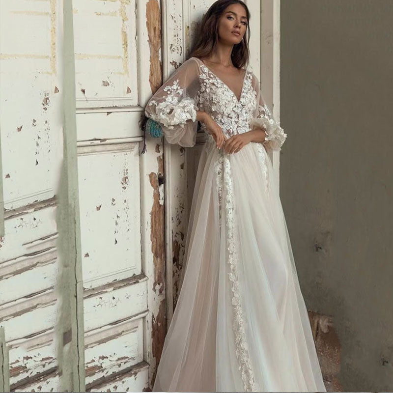 Charming Long Puffy Sleeves Wedding Dresses A-Line V Neck Appliques Open Back Sweep Train Bridal Gown Custom Made-payinti