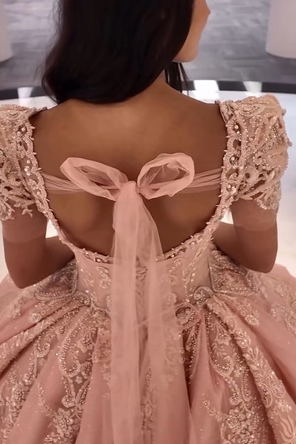 Square Neck Puff Sleeves Ball Gown Applique Quinceanera Dress with Train