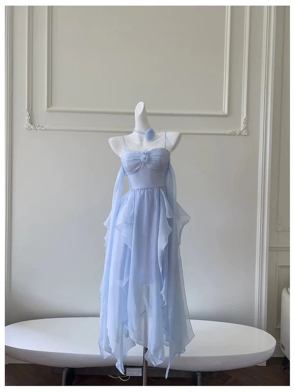 Schlichtes blaues Chiffon-Heimkehrkleid mit Spaghettiträgern, Partykleid Y8581