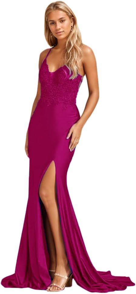 Women's Lace Applique Mermaid Prom Dresses Long with Slit Stretchy Satin V Neck Formal Evening Gown