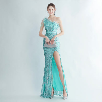 Heavy Industry Ostrich Hair Craft Beading Evening Dress with Side Slit
