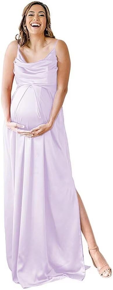 Spaghettiträger Umstandskleid Brautjungfernkleid für Fotoshooting Langes Satin Beinschlitz Schwangeres Abschlussball Partykleid 