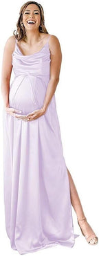 Spaghettiträger Umstandskleid Brautjungfernkleid für Fotoshooting Langes Satin Beinschlitz Schwangeres Abschlussball Partykleid 